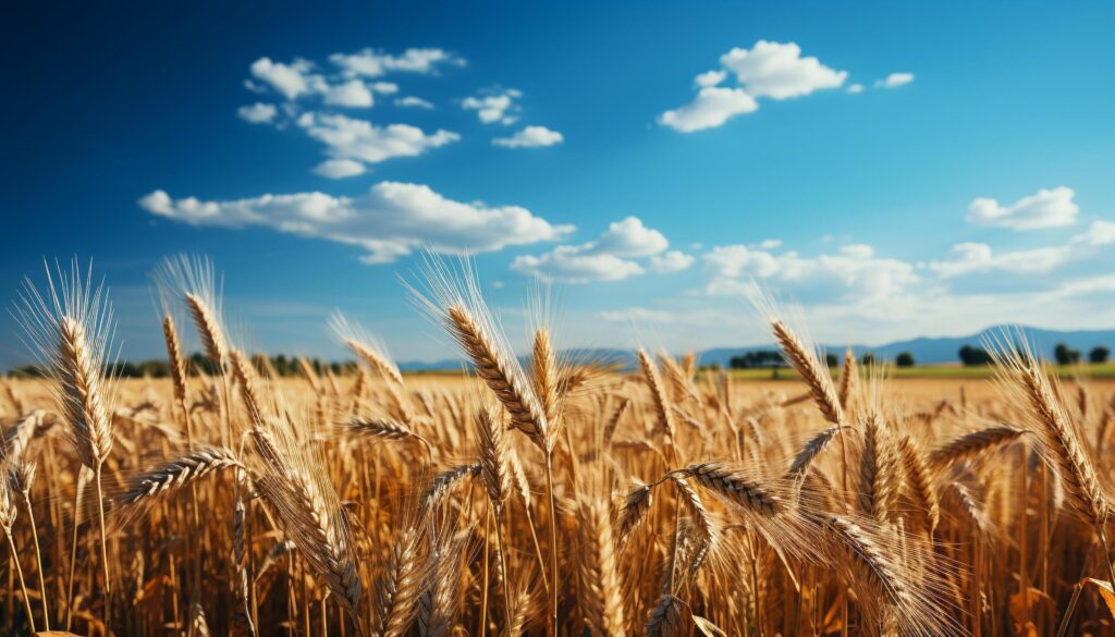 Rural scene agriculture, nature growth in yellow wheat meadow generated by AI Free Photo