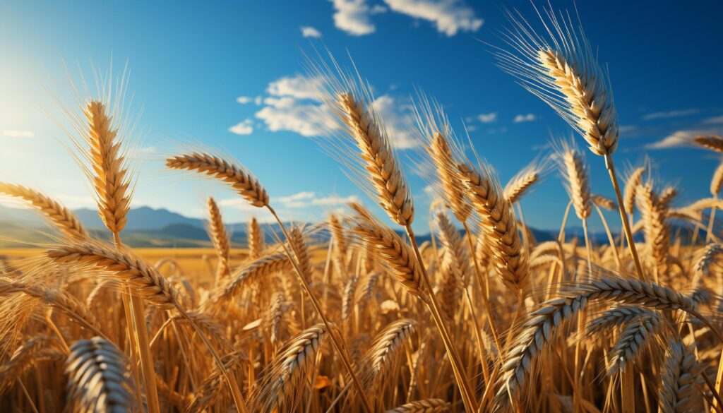 Rural scene wheat growth, yellow meadow, blue sky, vibrant sunset generated by AI Free Photo