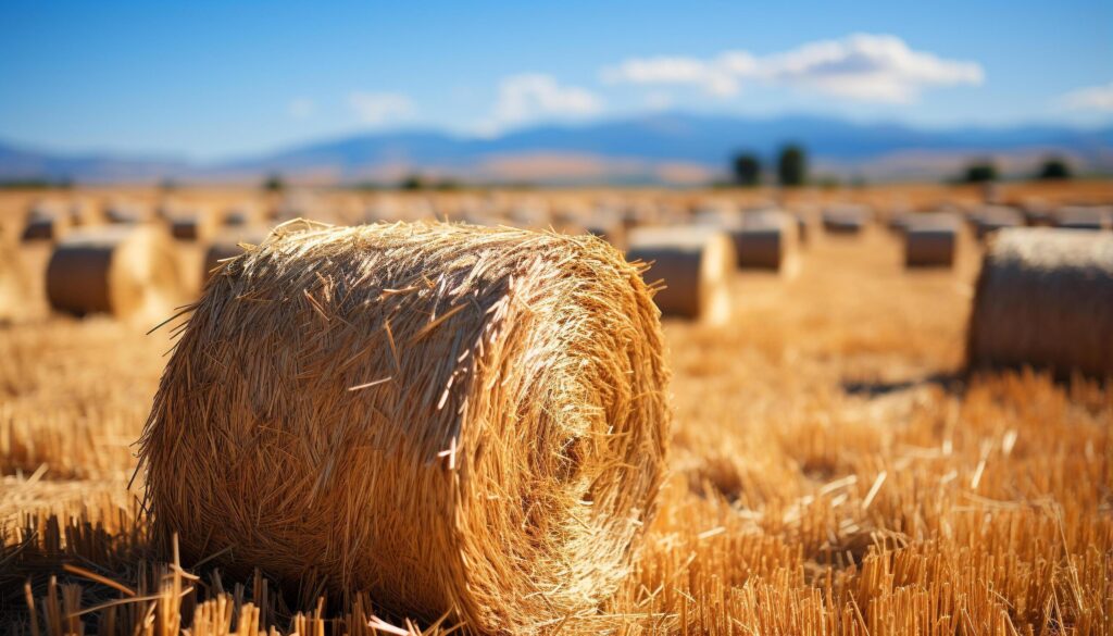 Rural scene yellow meadow, rolled up haystacks, blue sky generated by AI Free Photo