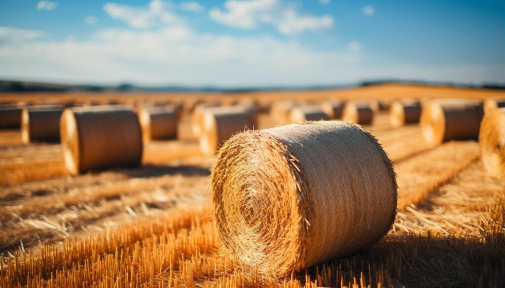 Rural scene yellow meadow, rolled up haystacks, ripe barley in nature generated by AI Free Photo