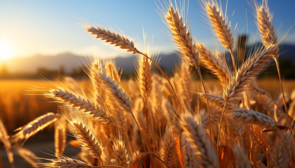 Rural scene yellow wheat fields, ripe grain under sunset sky generated by AI Free Photo