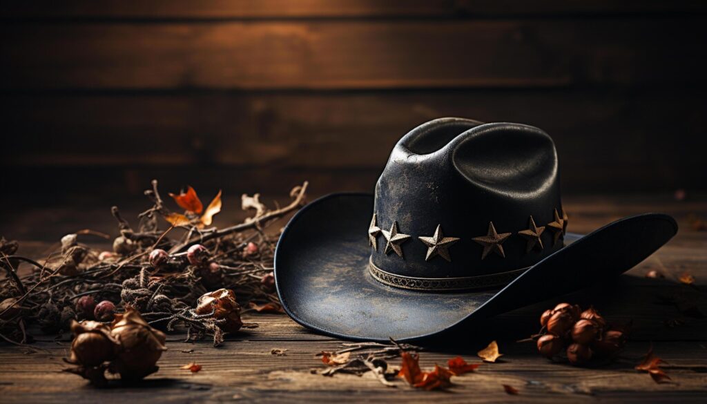 Rustic autumn table, cowboy hat, pumpkin nature elegance generated by AI Free Photo