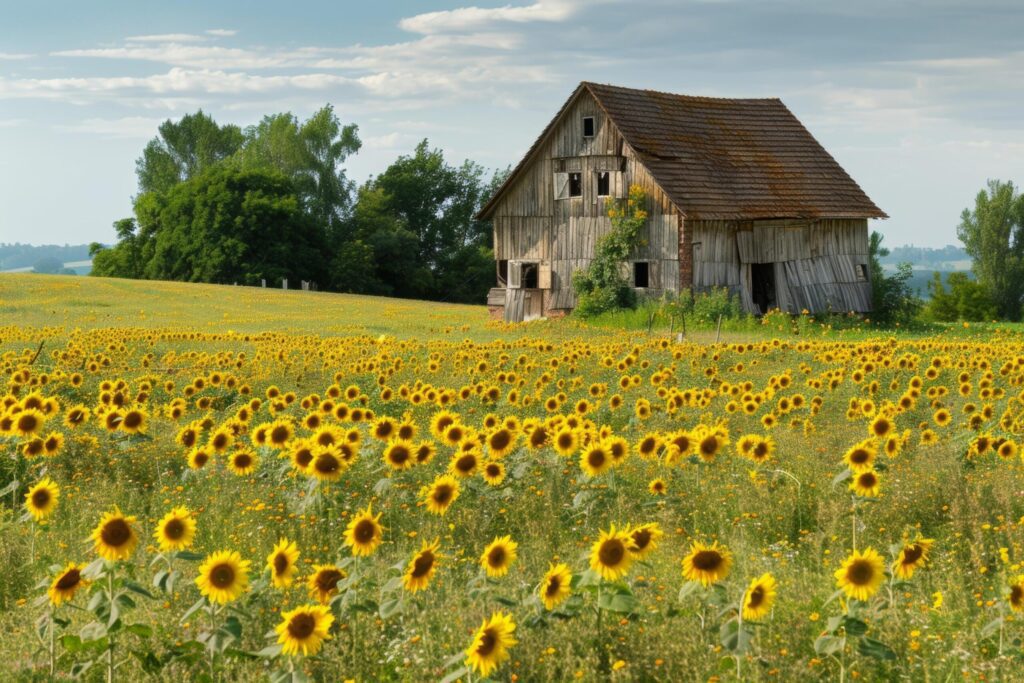 Rustic Barn Amidst Blooming Sunflower Field Free Photo