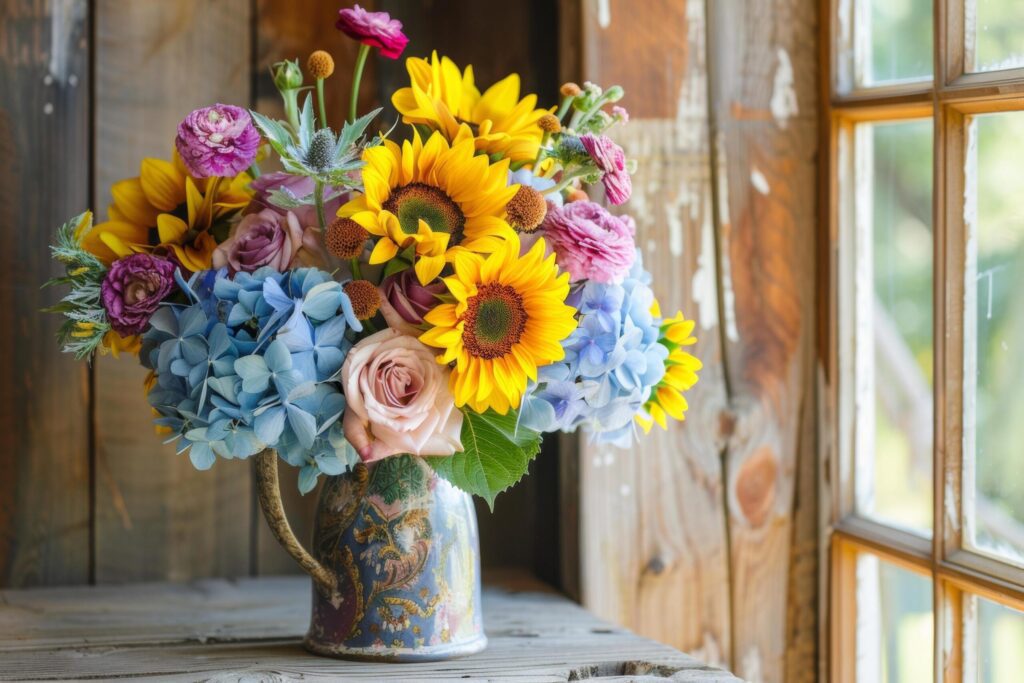 Rustic Bouquet with Sunflowers and Hydrangeas by Window Free Photo