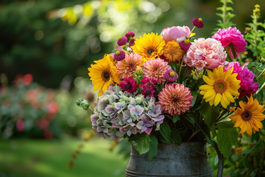 Rustic Bouquet with Sunflowers and Pink Peonies Free Photo