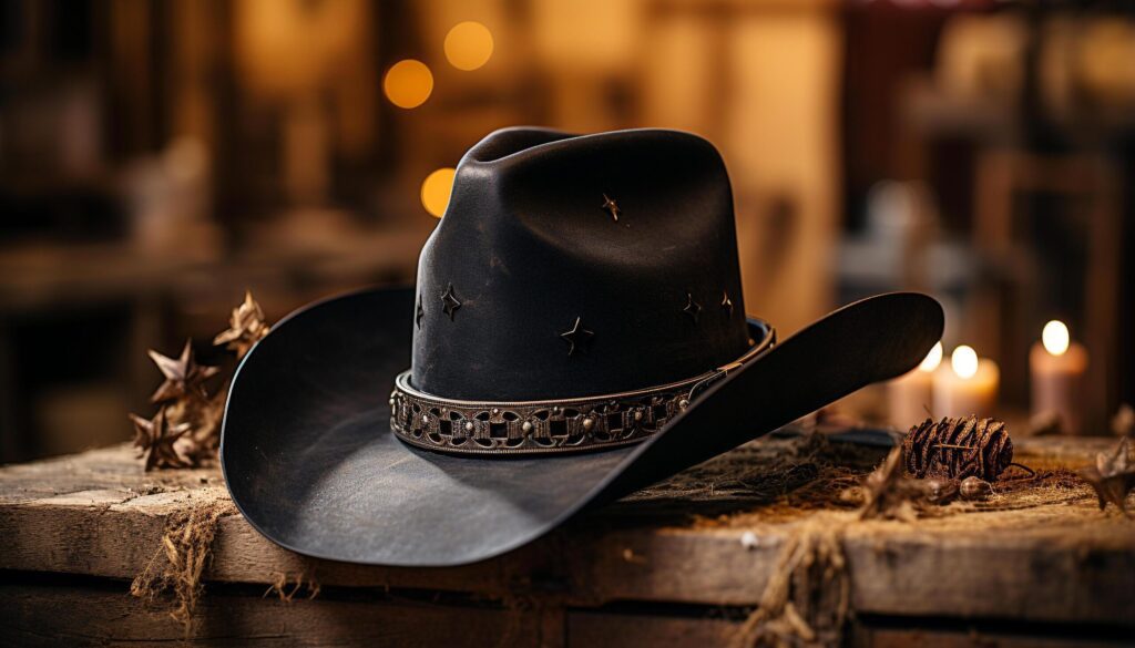 Rustic cowboy fashion old fashioned leather hat, outdoors, wood background generated by AI Free Photo