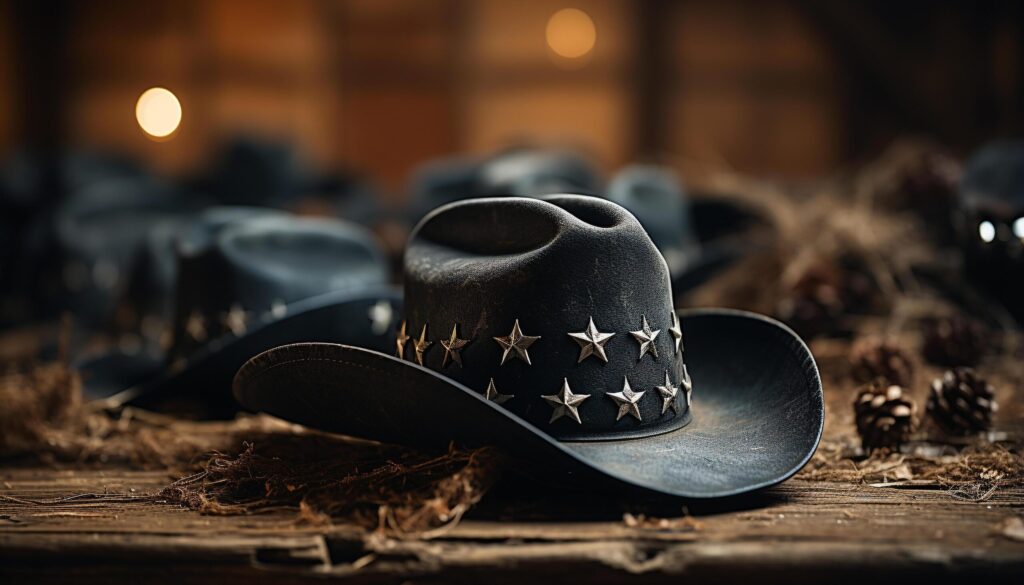 Rustic cowboy hat, old fashioned elegance, wood table, dark background generated by AI Free Photo