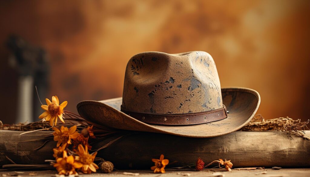 Rustic cowboy hat on wooden table, autumn leaves in background generated by AI Free Photo