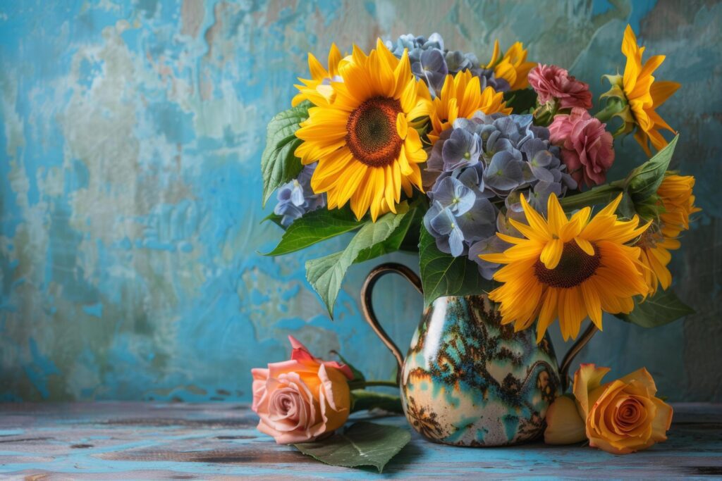 Rustic Vase with Sunflowers and Hydrangeas Free Photo