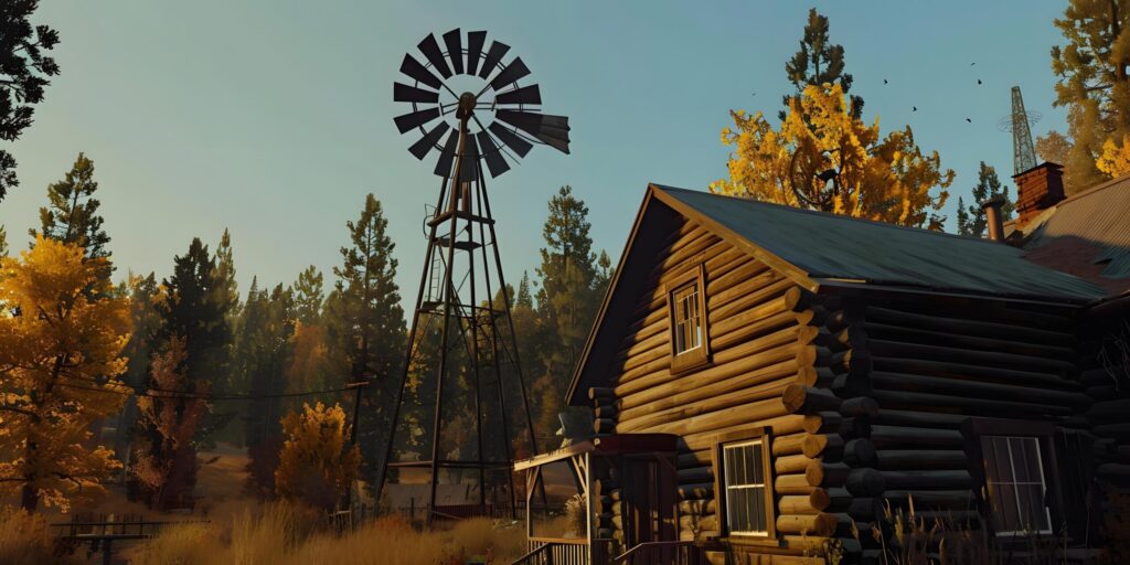 Rustic Wooden Windmill Against Clear Blue Sky Free Photo