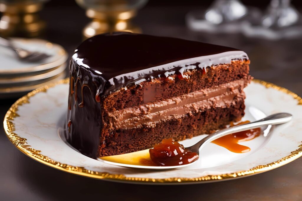 Sacher Torte – Originating in Austria, Sacher Torte is a dense chocolate cake layered with apricot jam and covered in dark chocolate glaze Free Photo