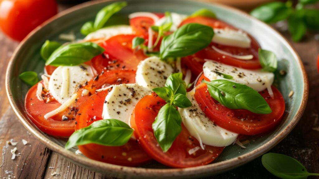 Salad of sliced tomatoes, mozzarella and basil leaves Free Photo