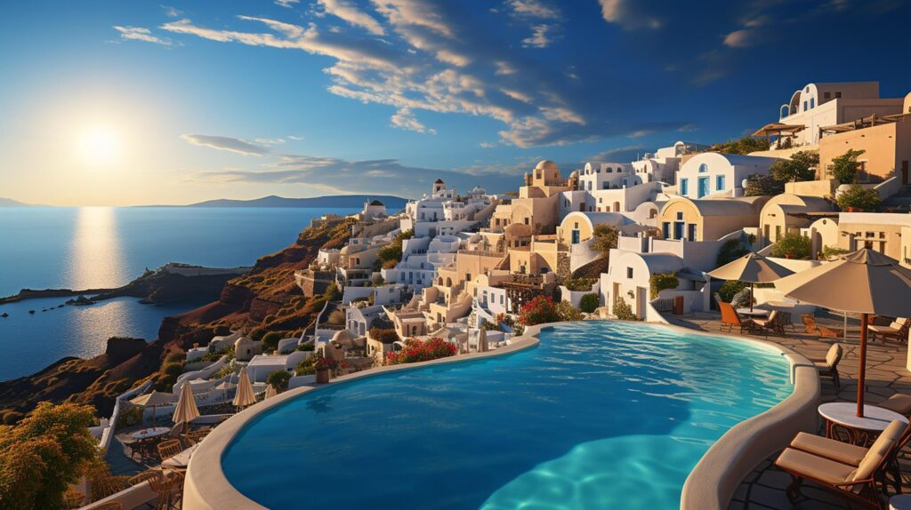 Santorini island, Greece. landscape with beautiful panorama and sea view. Fantastic summer vacation and holiday concept Free Photo