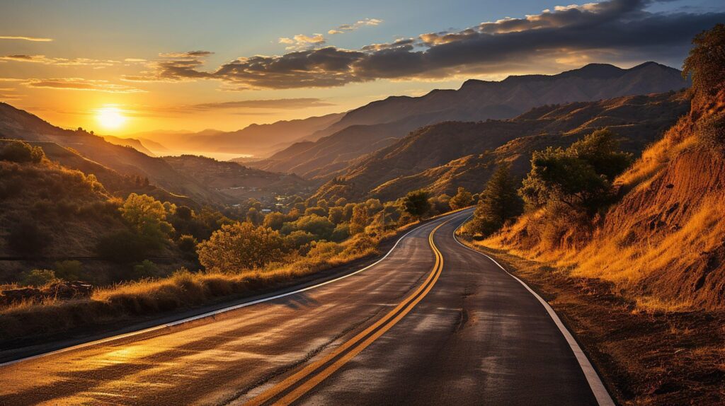 Scenic curved highway asphalt road with golden sky and mountain in the sunset Free Photo