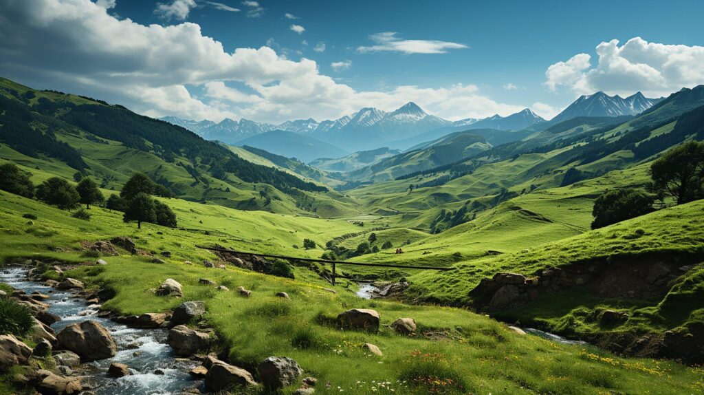 Scenic view of mountain and grass covered hills Free Photo