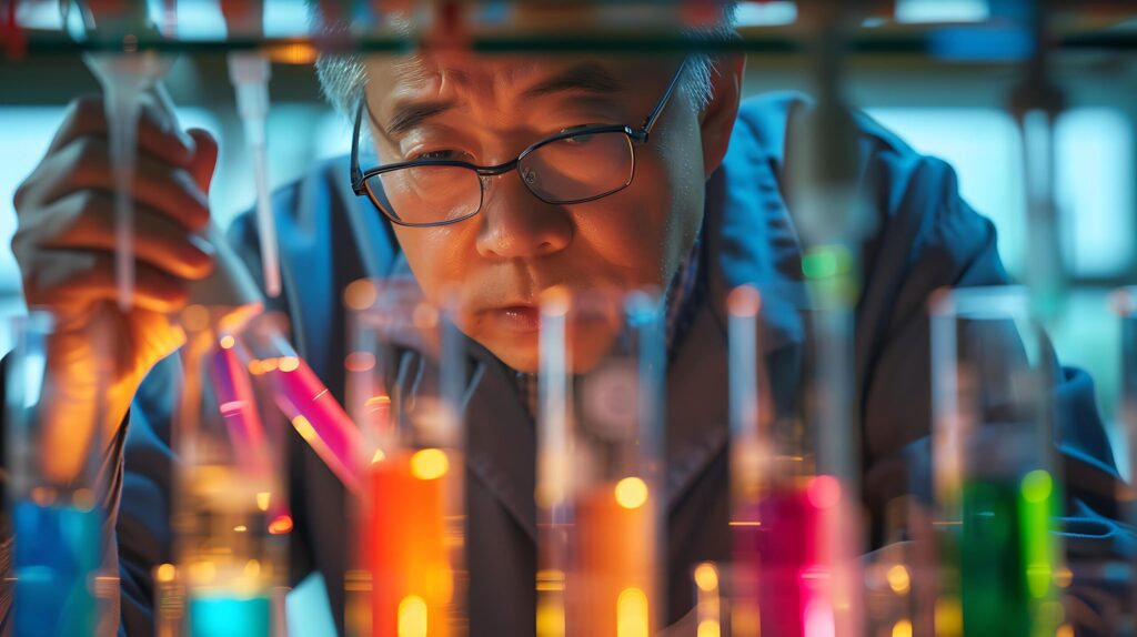 Scientist Carefully Pouring Liquid in Lab Setting with Various Glassware in Background Free Photo