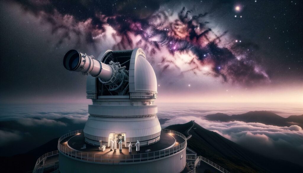 Scientists looking into vast space through large telescope at Observatory. Generative AI Free Photo