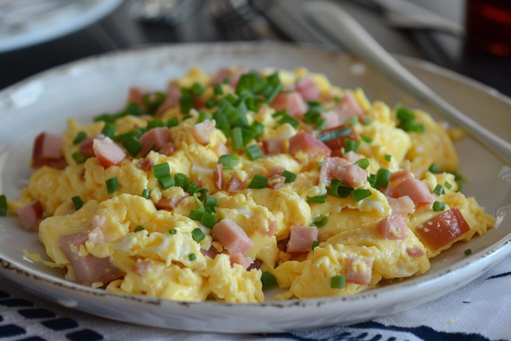 Scrambled Eggs with Ham and Herbs in Bowl. Free Photo