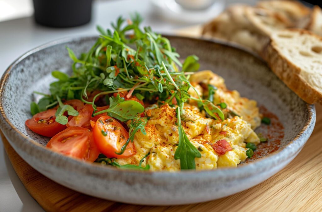 Scrambled eggs with salad Free Photo