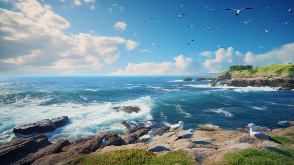 Seagulls by the Ocean Background Free Photo