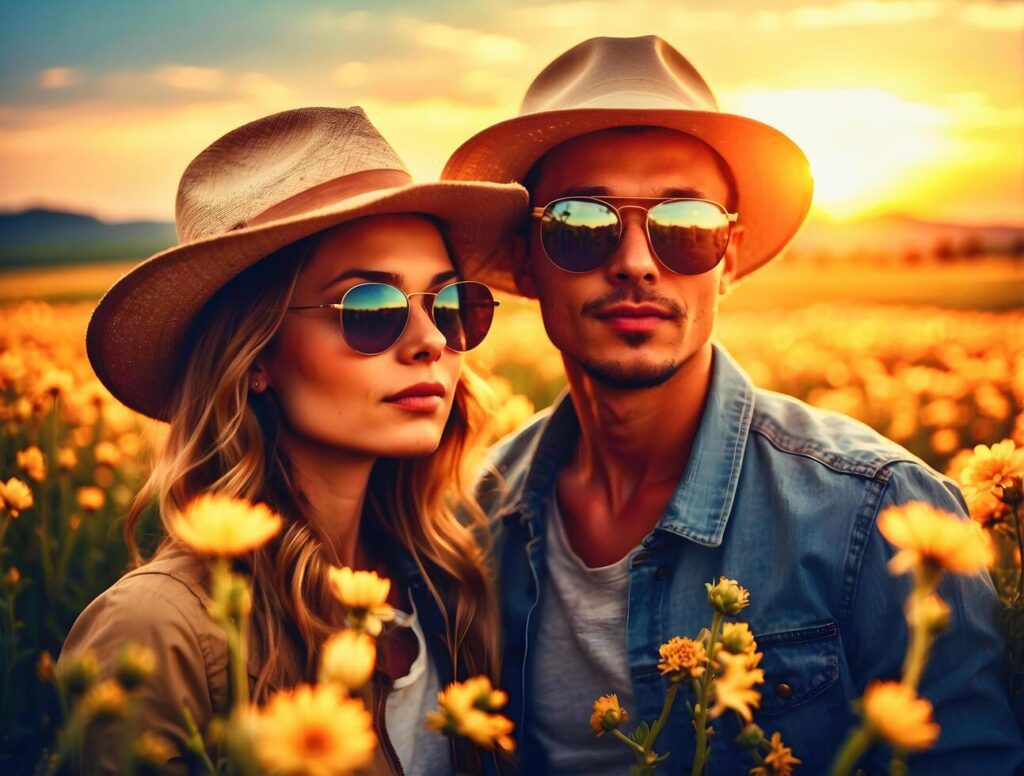 AI generated selfie portrait of young couple in love smiling at sunset wearing sunglasses and straw hat, lifestyle and adventure concept, people and romance Stock Free