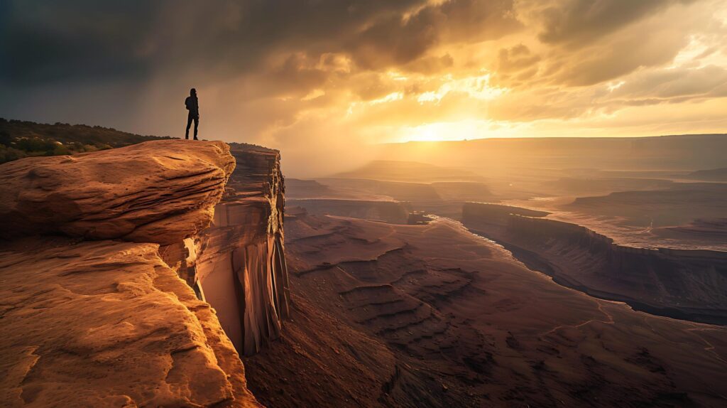 Serene Exploration Solitary Figure on Cliff Untouched Wilderness Warming Sun Tent Refuge Uncharted Destination Free Photo