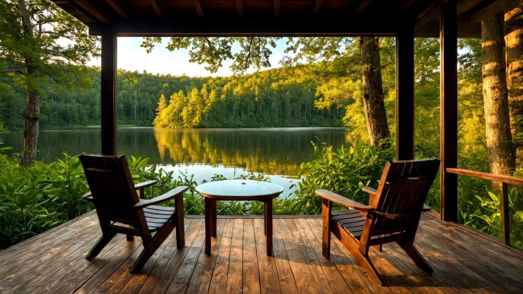 Serene Lakeside View with Wooden Deck and Seating, Calm Waters, Forest Reflection Free Photo