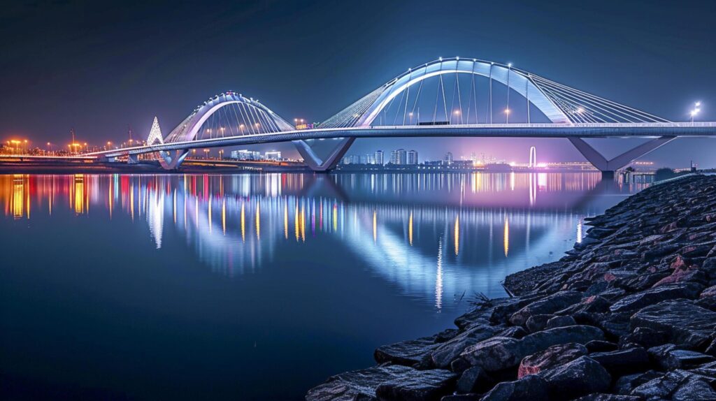 serene night scene featuring an architecturally modern bridge Ai generated Free Photo