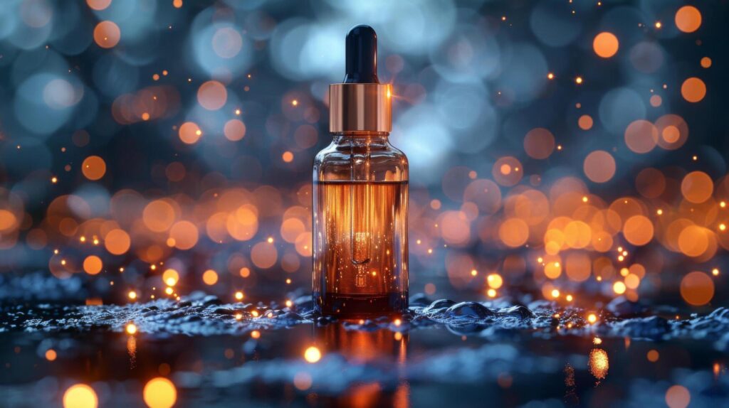 AI generated Serum dropper bottle on a sparkling bokeh background, symbolizing luxury skincare and beauty, with a focus on health and wellness Stock Free