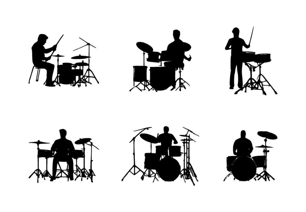 set of drummer silhouettes on isolated background Free Vector