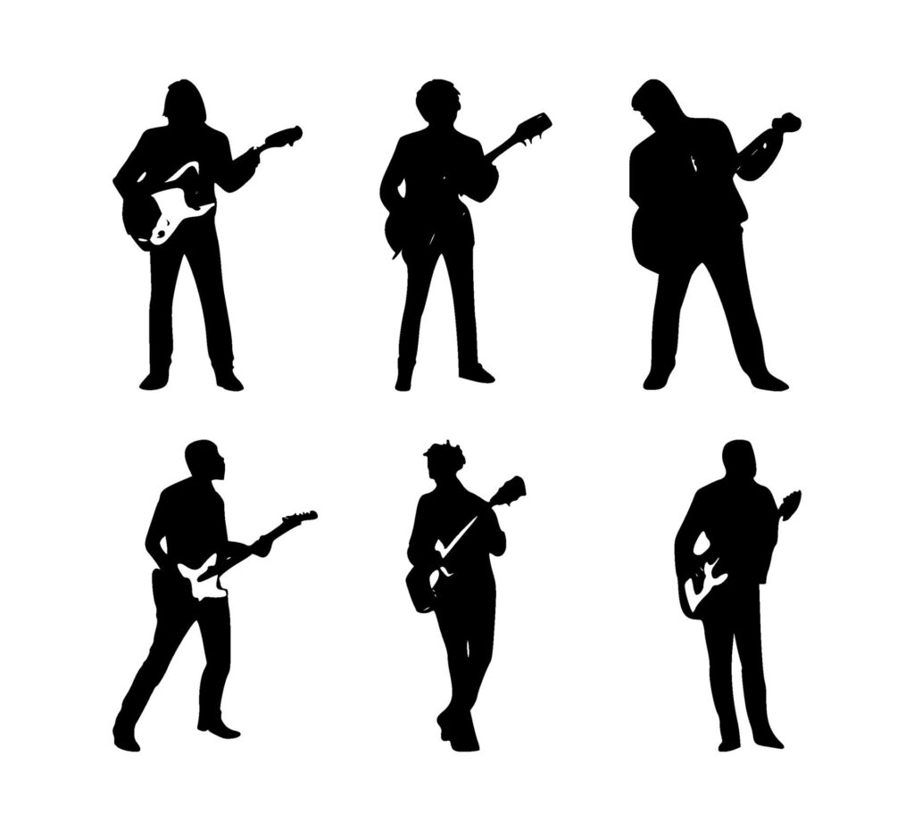 set of guitarist silhouettes on isolated background Free Vector