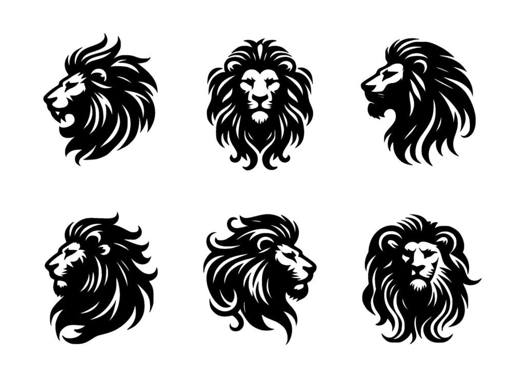 set of lion head silhouettes on isolated Free Vector