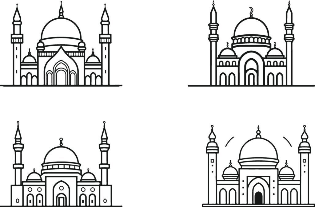 Set of Mosque Icon illustration, Mosque logo, Mosque line art vector, Mosque Outline style Free Vector