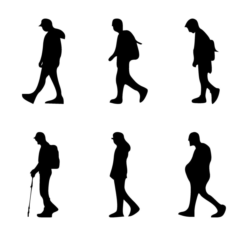 set of pedestrian silhouettes on isolated background Free Vector