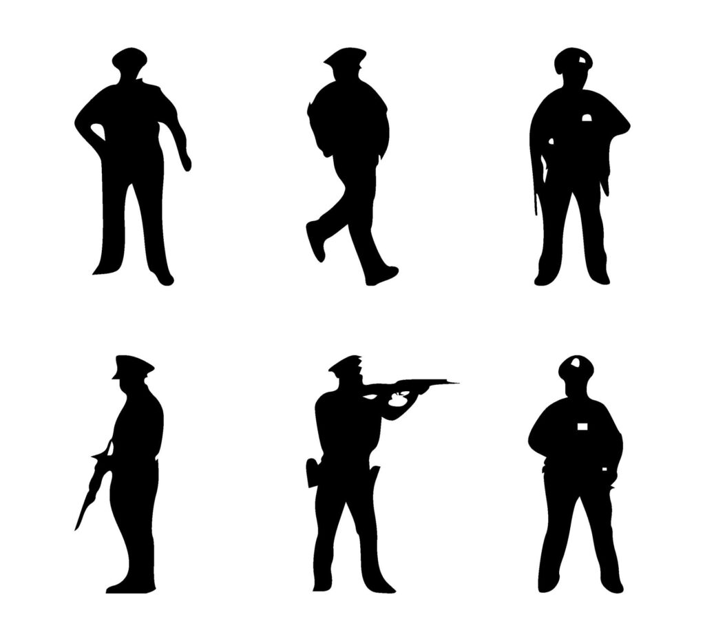 set of police silhouettes on isolated background Free Vector