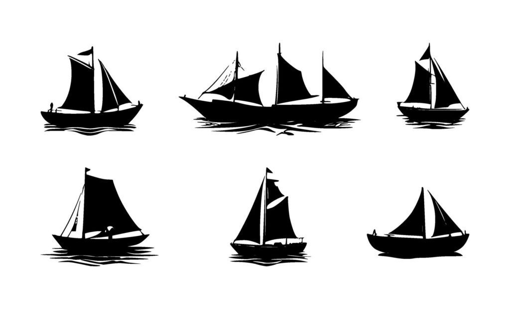 set of sailboat silhouettes on isolated background Free Vector