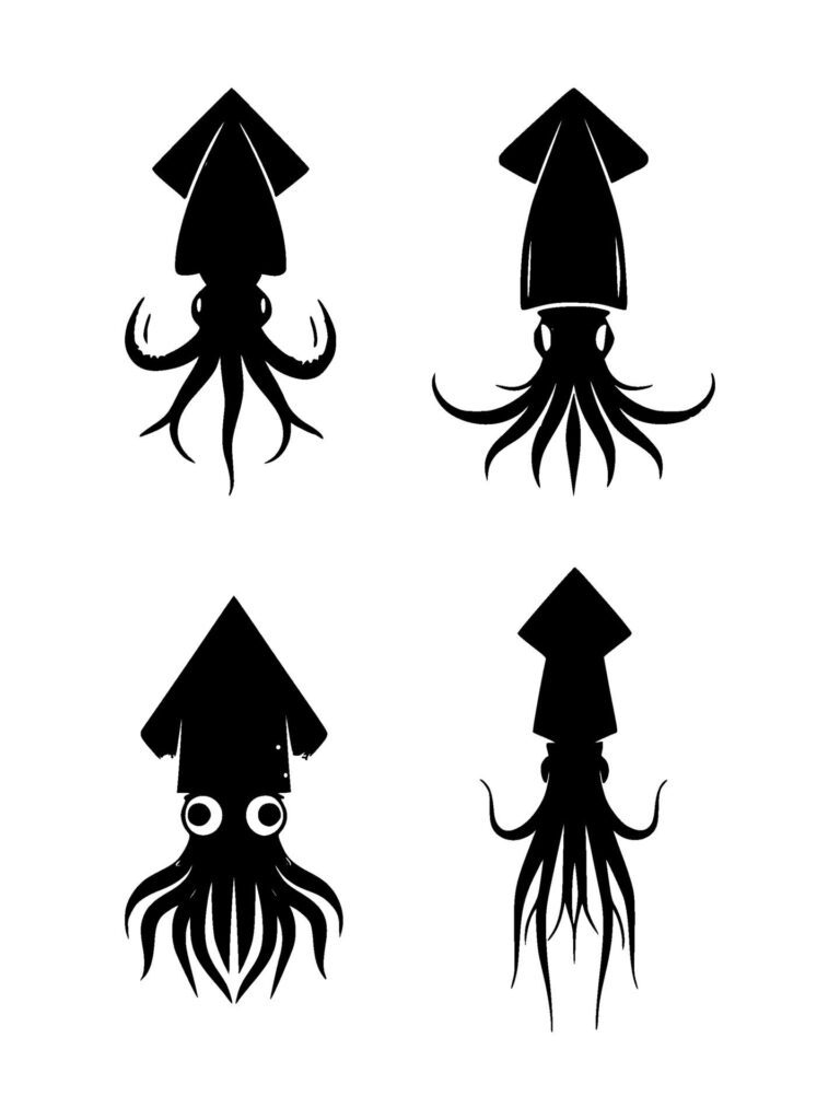 set of squid silhouettes on isolated background Free Vector