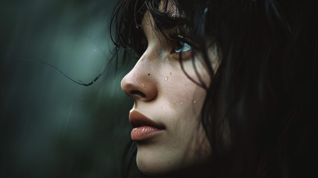 side view close up of mental breakdown woman staring into the distance dark background Free Photo