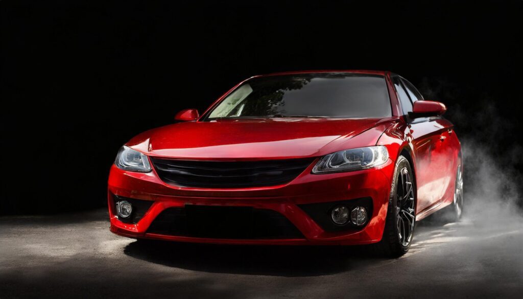 Side view of a modern luxury red car with smoke on a dark background Free Photo