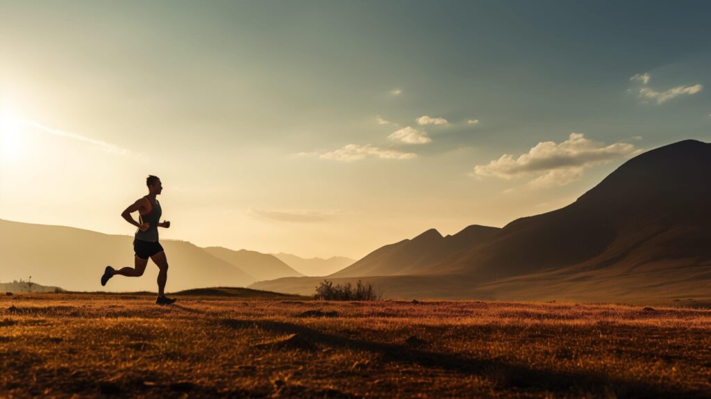 silhouette of a person running on a hill at sunset Free Photo