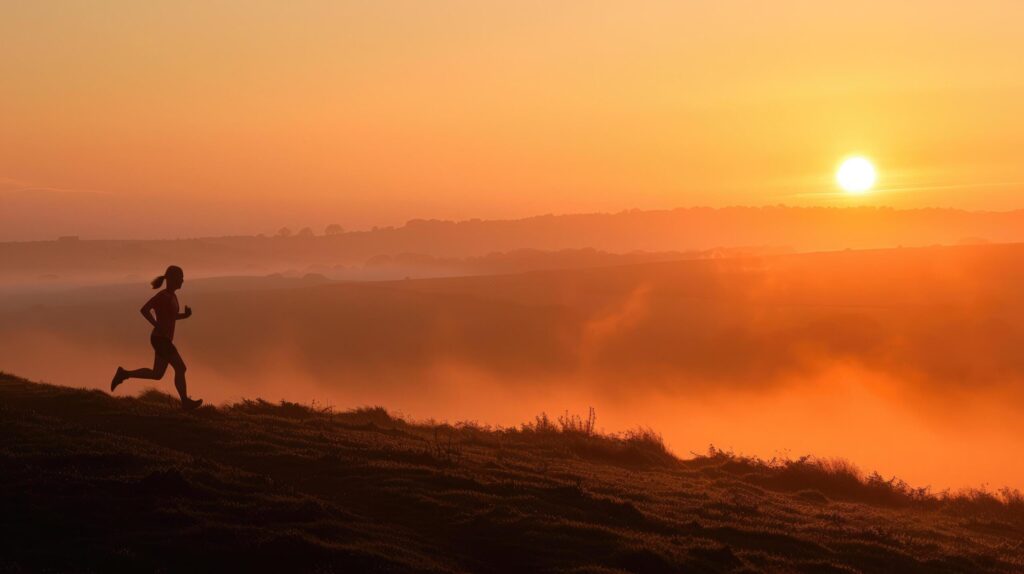 Silhouette of a runner on a misty hillside at sunrise with a warm orange sky Free Photo