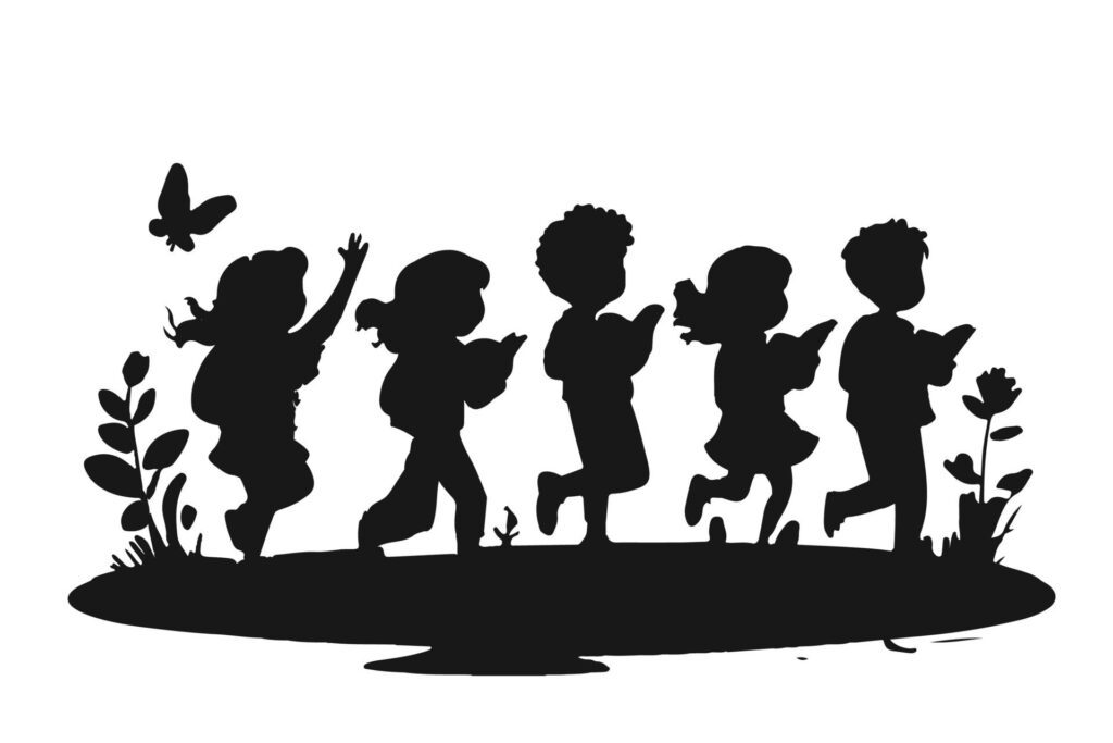 silhouette of children in spring on transparent background Free Vector