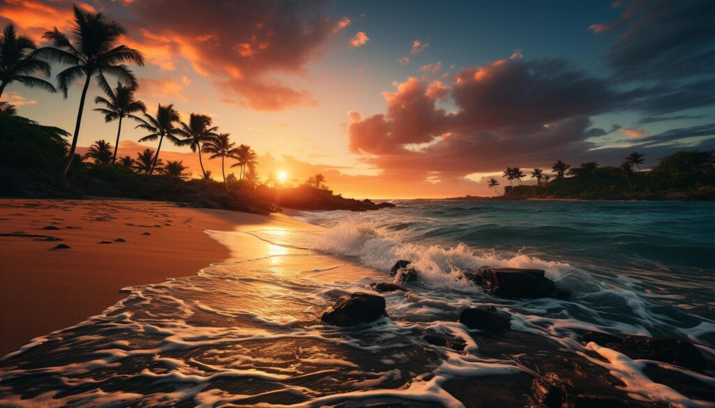 Silhouette of palm tree on tranquil Caribbean coastline at sunset generated by AI Free Photo