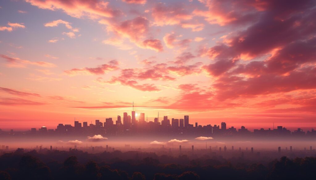 Silhouette of skyscrapers against orange sunset, urban beauty illuminated generated by AI Free Photo