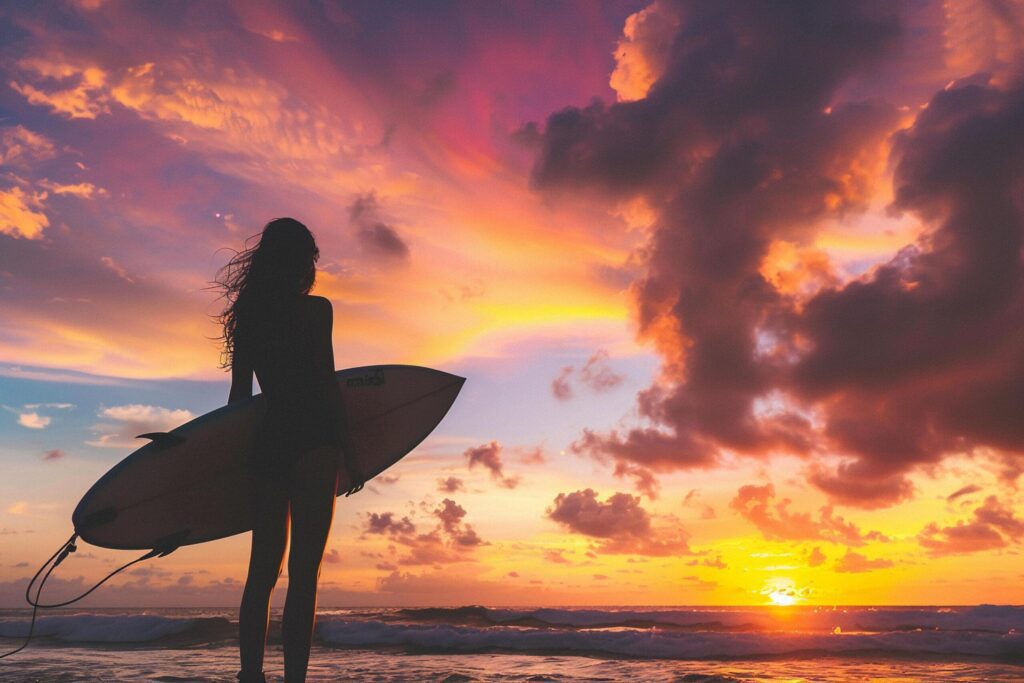 Silhouette of Surfer Woman at Sunset with . Free Photo