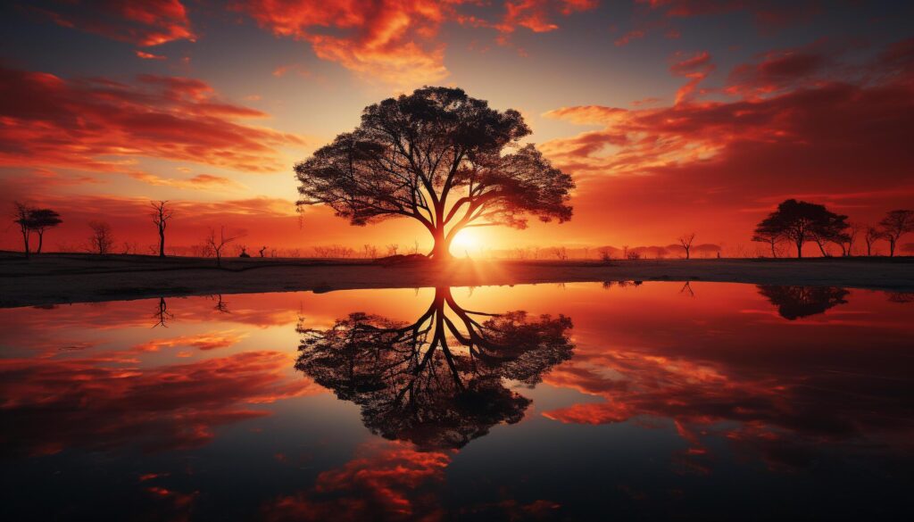 Silhouette tree reflects tranquil sunset on water horizon generated by AI Free Photo