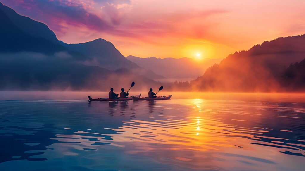 Silhouettes of kayakers glide across a serene lake, basking in the warm glow of a misty mountain sunrise Free Photo