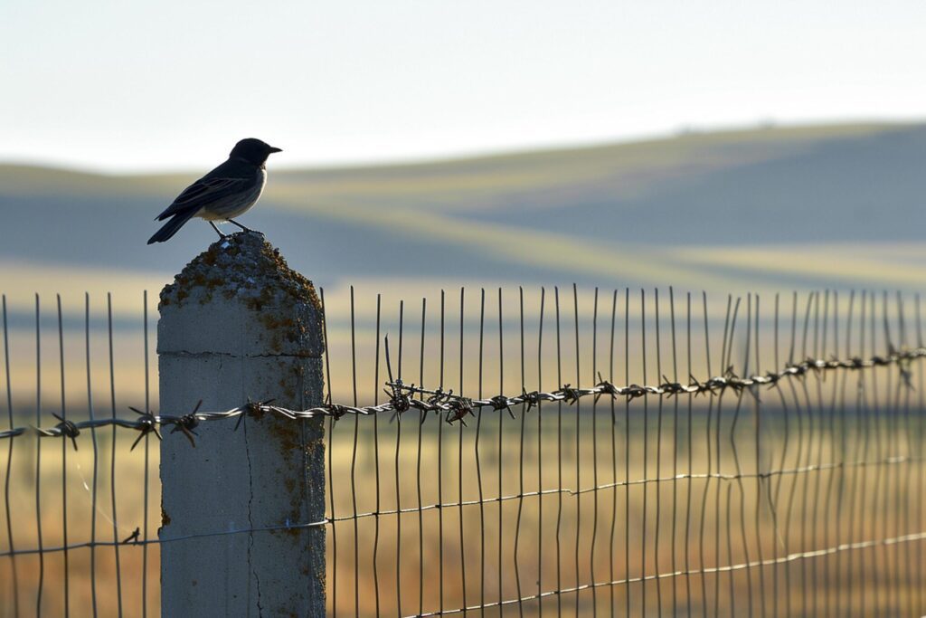 small bird is perched on one of the concrete posts supporting the fence Ai generated Free Photo