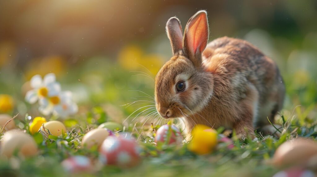 Small Rabbit Sitting in Field of Eggs Free Photo