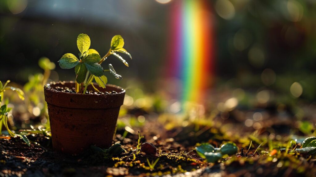 Small seedlings growing in a clay pot with a rainbow in the background Free Photo